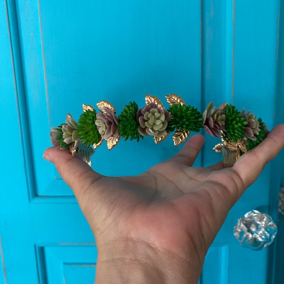 Crown Headband Faux Succulent Woodland Floral Handmade Wedding Prom Tiara Gold - Picture 11 of 11